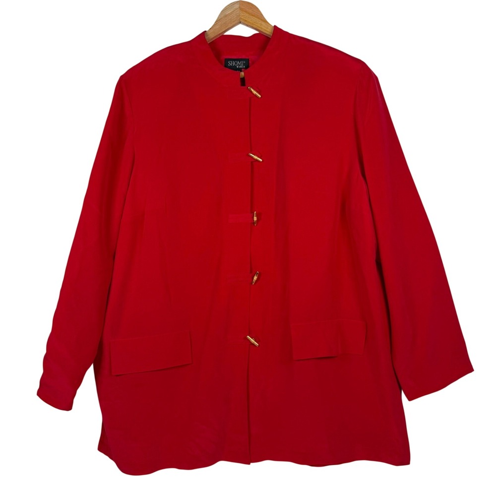VTG Shomi Woman Silk Jacket Sz 22 Red Toggle Closure Mandarin Collar 100% Silk